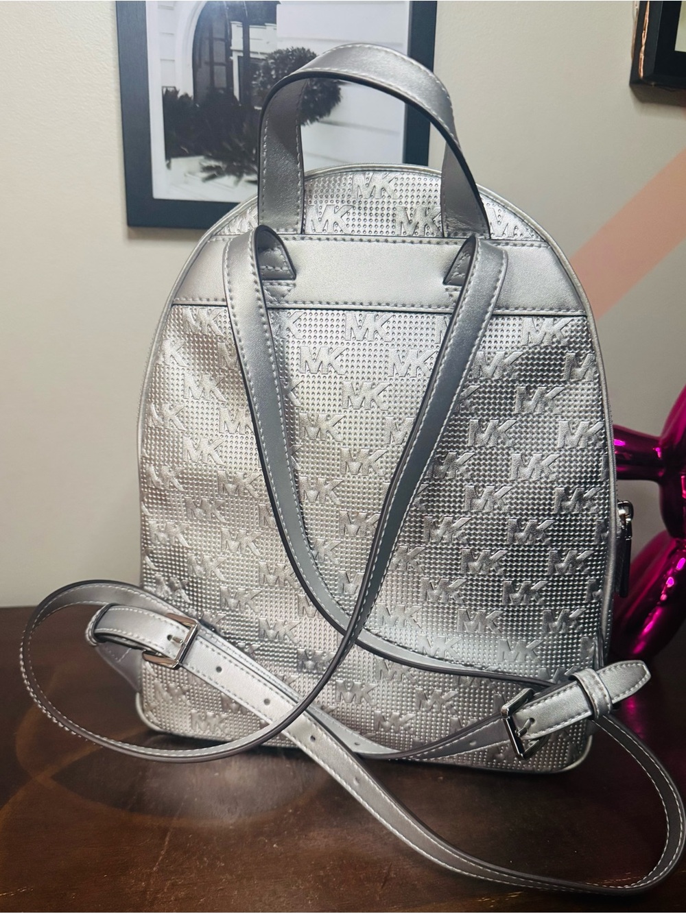 Michael Kors Metallic Silver MK Embossed Logo Backpack - Picture 5 of 9